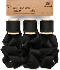 Black Silk Satin Ribbon 1 Inch x 15 Yard Wooden Spool Handmade Frayed Ribbon for