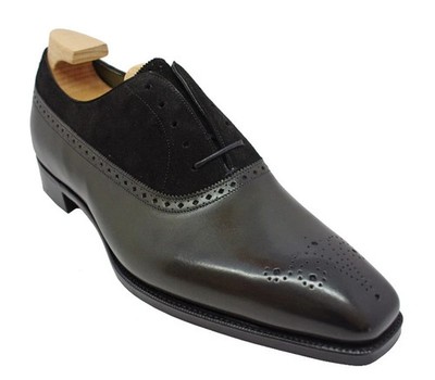 GAZIANO & GIRLING KENT BALMORAL OXFORD SHOES IN RACING GREEN CALF/ BLACK SUEDE