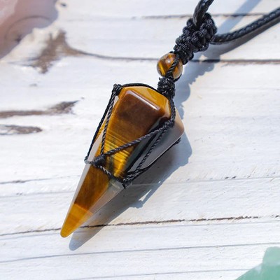 Natural Tiger Eye Stone Crystal Point Pendant Brown Stone Charm Necklace Amulet