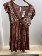 Mi Ame Brown Embroidered Nwt Ruffle Dress Size Medium 