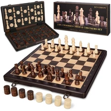 2 in 1 Wooden Magnetic Chess Set & Checkers Board Game-15'' Foldable Chess Bo...