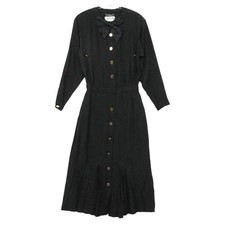 Chanel Vintage Ribbon Shirt Dress Long Sleeve Black Gold Buttons