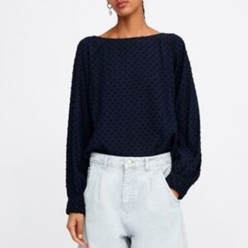 ZARA Damska Ciemnoniebieska Teksturowana kropka Długi rękaw Relaks Fit Bluzka Top M - Zdjęcie 3 z 6