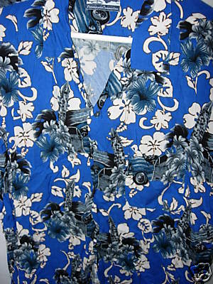 MENS BLUE WHITE BLACK RAYON WOODIE WOODY HAWAIIAN ISLAND ALOHA SHIRT SIZE L 50'' 