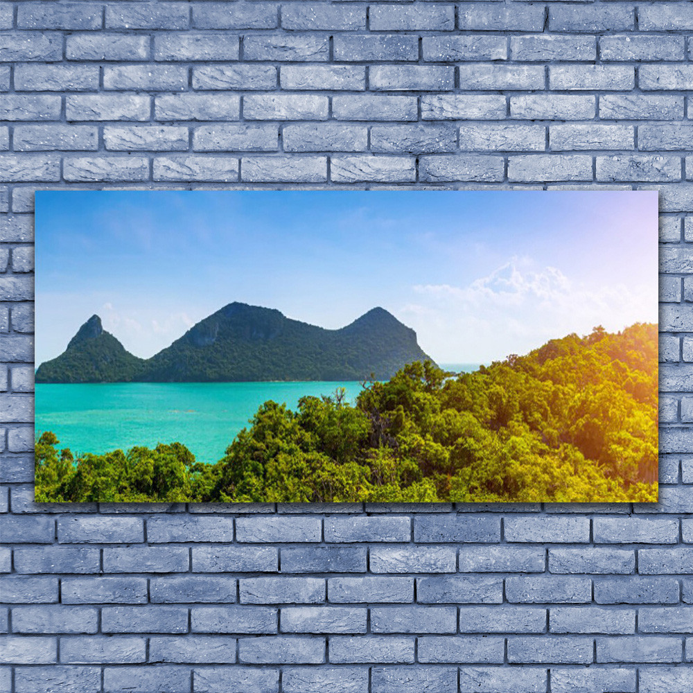 Tableau sur verre paysage arbres montagnes et mer grande décoration murale 140x70