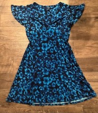 Chaps Blue Floral Stretch Dress Size L Empire Waist Flutter Sleeve A-Line
