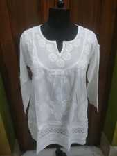 100 COTTON L 42" TUNIC WOMEN CHIKAN EMBROIDERY HANDMADE KURTA TOP KURTI SHIRT