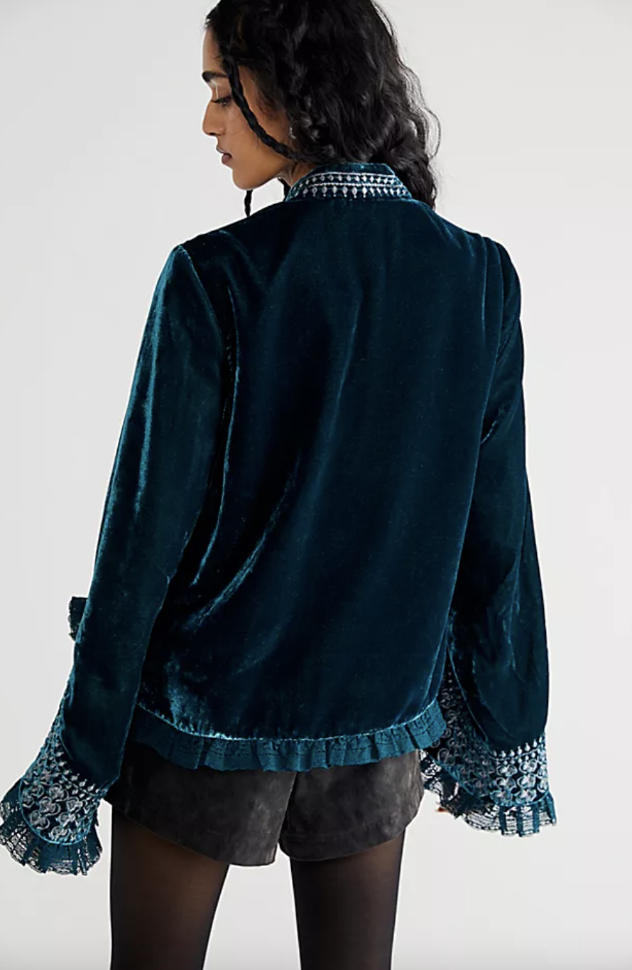 Free People Scarlett Velvet Bed Jacket Size Medium Embroidered Lace