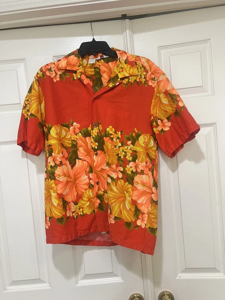 Camisa Aloha Vintage Años 60 70 Hawaiian Togs Para Hombres L Naranja Brillante Floral Tela de Corteza Foto 3 de 4