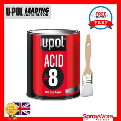 U-POL UPOL Acid 8 1K Etch Primer Grey For Steel Metal Bare Metal 1L With FREE Brush