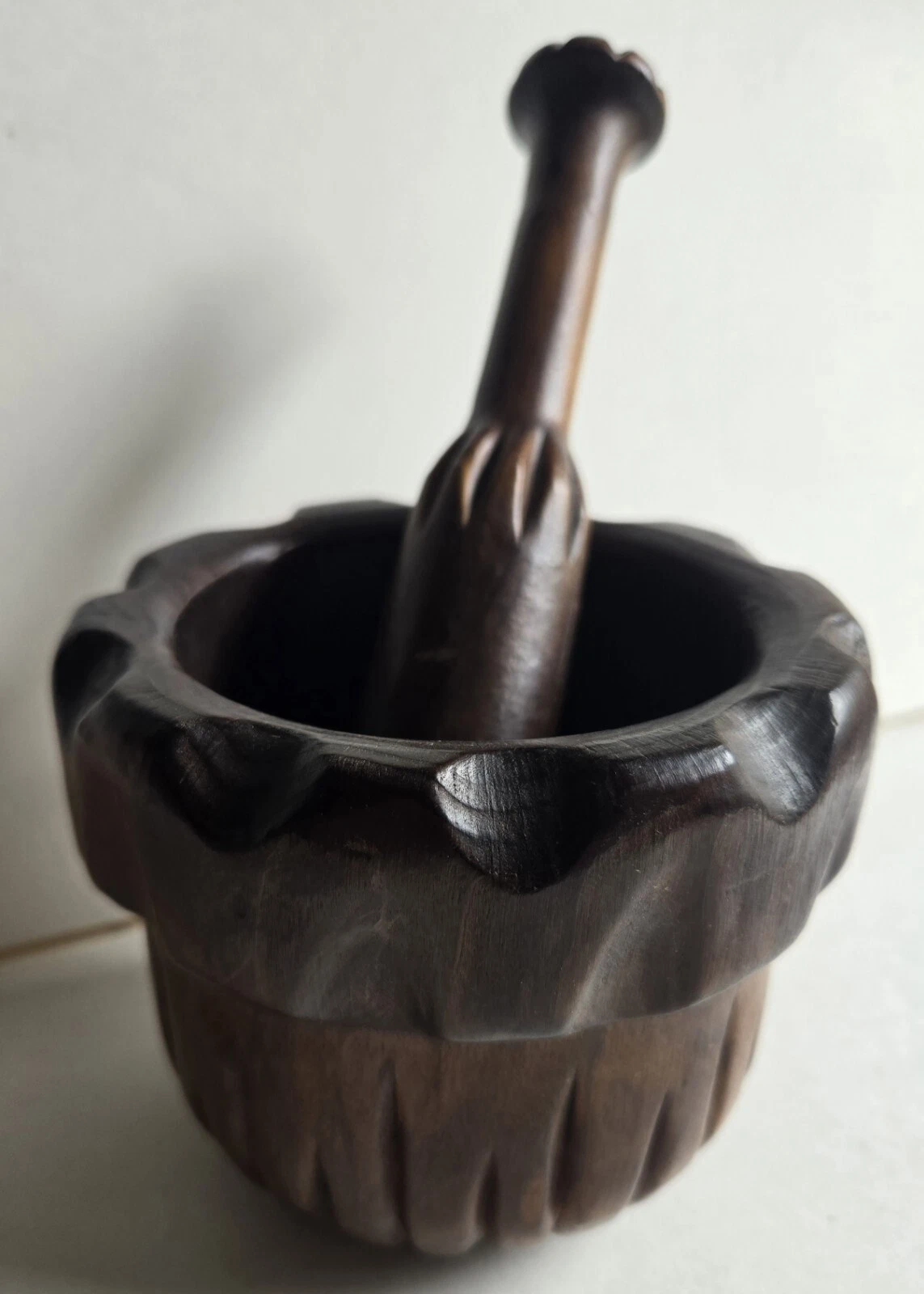 GREAT VINTAGE CARVED WOOD MADE IN SPAIN MORTAR AND PESTLE ORIGINAL STICKER