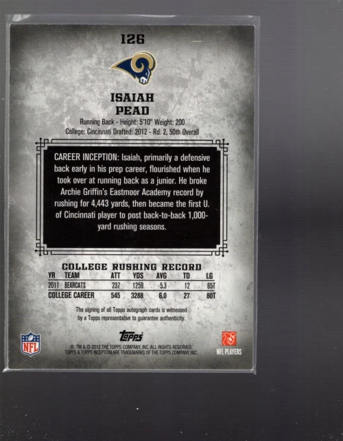 B3986- 2012 Topps Inception #126 Isaiah Pead RC Auto - NM-MT Rams - Image 2 of 2