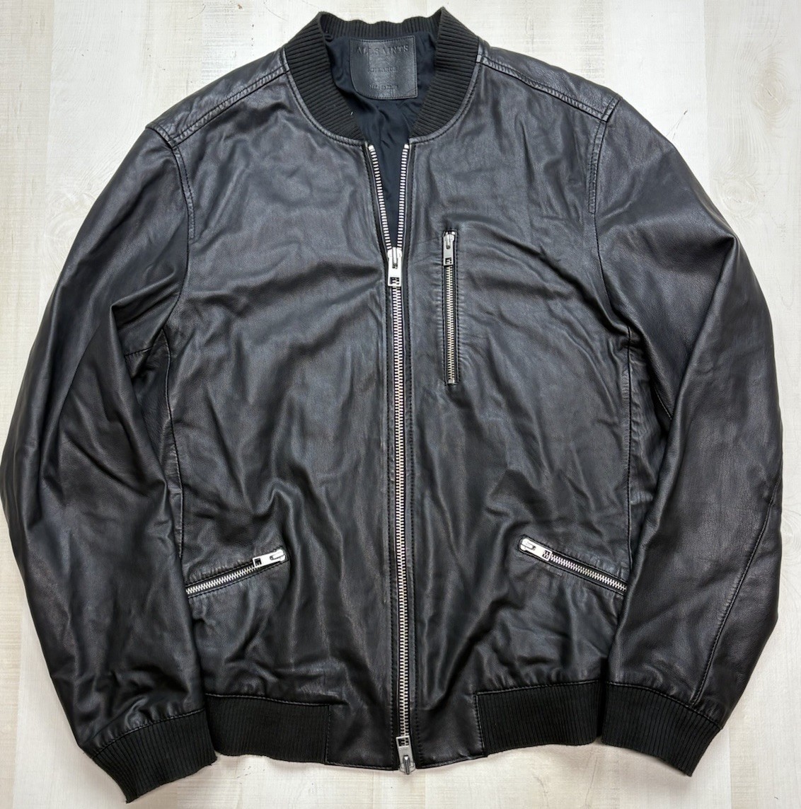 All Saints Utility Leather Bomber Jacket Black Sheep Men Size XXL 2XL NICE