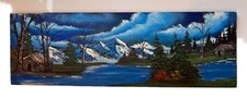 Vtg Folk Art Rustic Slab Board Mountain Lake Scene Hunting Cabin Bark Tree 7x22”