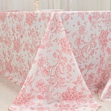 WHITE PINK 90" x 132" French Toile Pattern Polyester Rectangular Tablecloth
