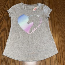 NWT Justice Gray Short Sleeve Girls Top Follow Your Heart Unicorn Blue Purple 10