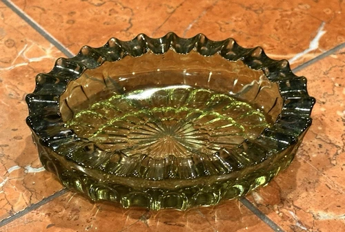 FENTON THUMBPRINT COLONIAL GREEN 4.5" OVAL ASHTRAY TRINKET DISH PRESSED GLASS MC