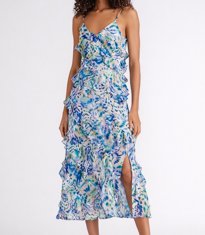 Steve Madden Floral Ruffle Midi Dress Blue Pink NWOT Size 6 Chiffon Summer Chic