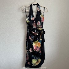 Y2K Kay Unger New York 100% Silk Floral Halter Midi Faux Wrap Dress Whimsigoth
