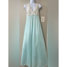 Vintage Seafoam Nylon Nightgown Lace Maxi Dress Cottagecore Lingerie S/M