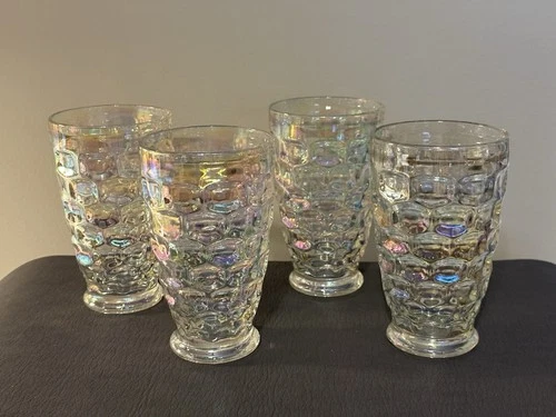 Set of 4 Iridescent Federal Glass Yorktown Colonial Thumbprint Glasses Vintage