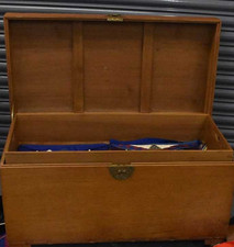 LARGE ANTIQUE MASONIC WOODEN LODGE REGALIA CHEST BOX + CARVED SYMBOLS TO LID