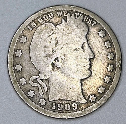 1909 Barber Quarter 90% Silver USA Coin Liberty Head Philadelphia Mint