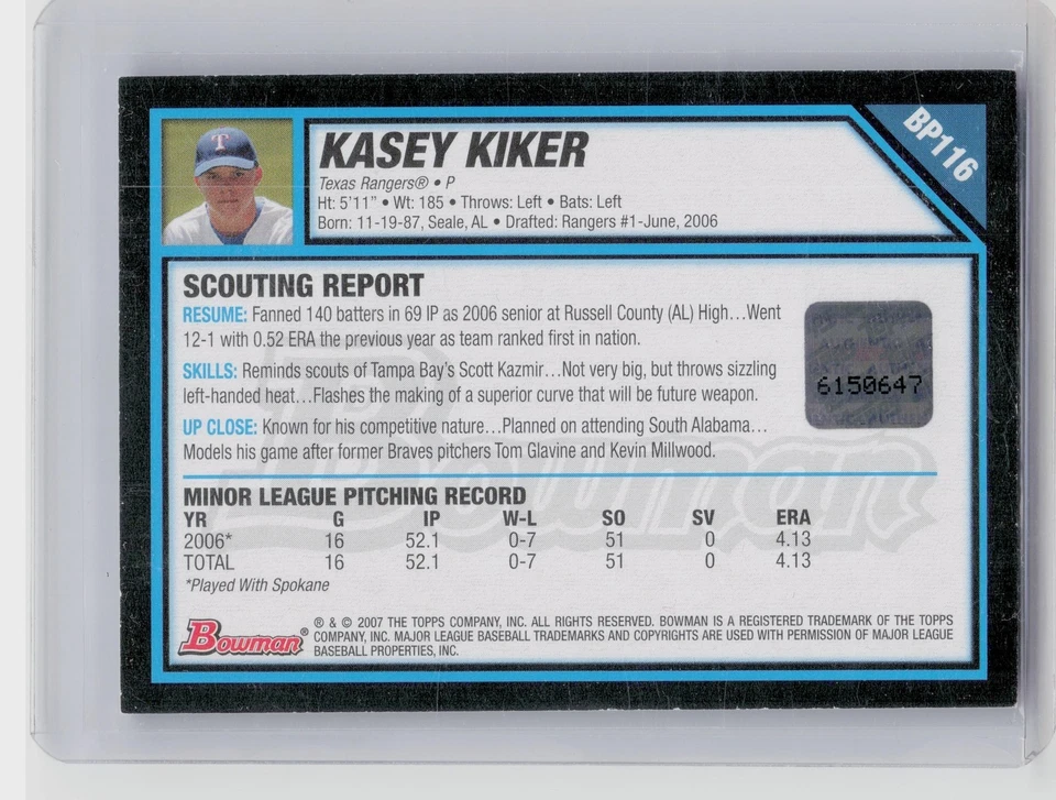 2007 Bowman Kasey Kiker AU #BP116 Rangers Prospects - Image 2 of 2