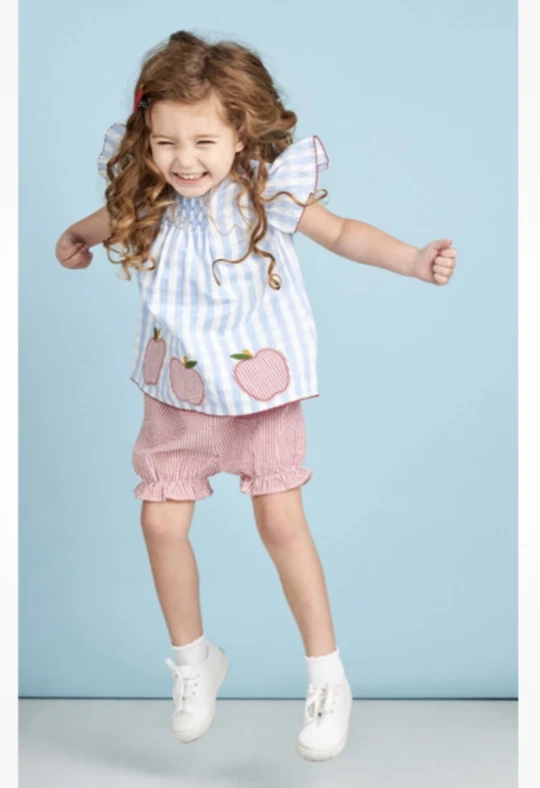 Conjunto de Top y Pantalones Cortos Mud Pie Bordados Azul Cuadros Escuela Manzana Talla 4-5 Foto 2 de 3