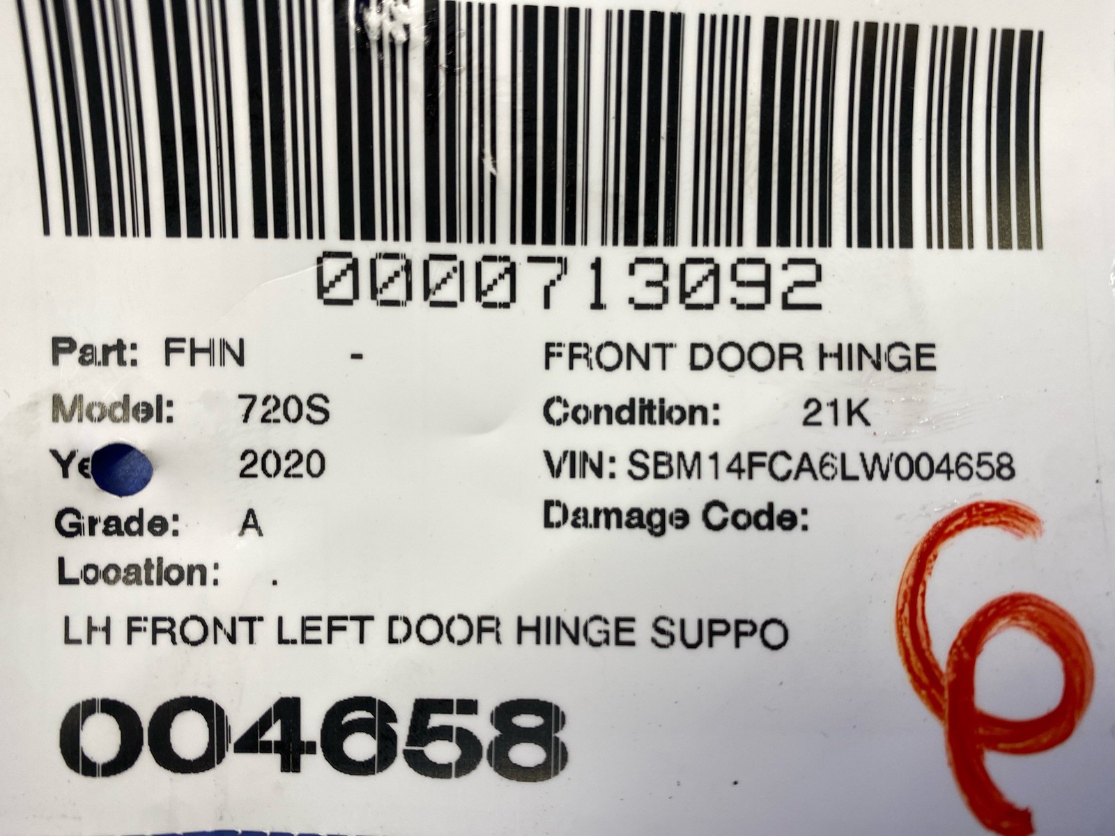 2018 2019 2020 2021 2022 2023 MCLAREN 720S FRONT LEFT DOOR HINGE SUPPORT BRACKET