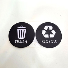 Recycle and Trash Can Adhesive Sticker 3"x3" Black Round Vinyl 2 Pack NEW