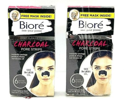 2 Biore Deep Cleansing Charcoal Pore Nose Strips 6 count Ea & Free Face Mask