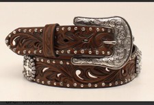 Ariat Western Brown Leather Scroll Inlay Crystals Scalloped Conchos Belt Sz S