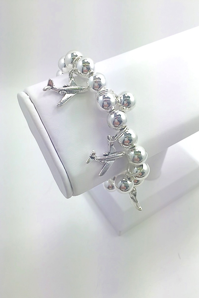Airplane Charm Stretch Bracelet, Style 1, Silver Plated, Fashion