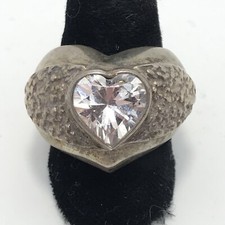Vintage 925 Sterling Silver Large Heart Shaped CZ Stunning Textured Ring sz 7