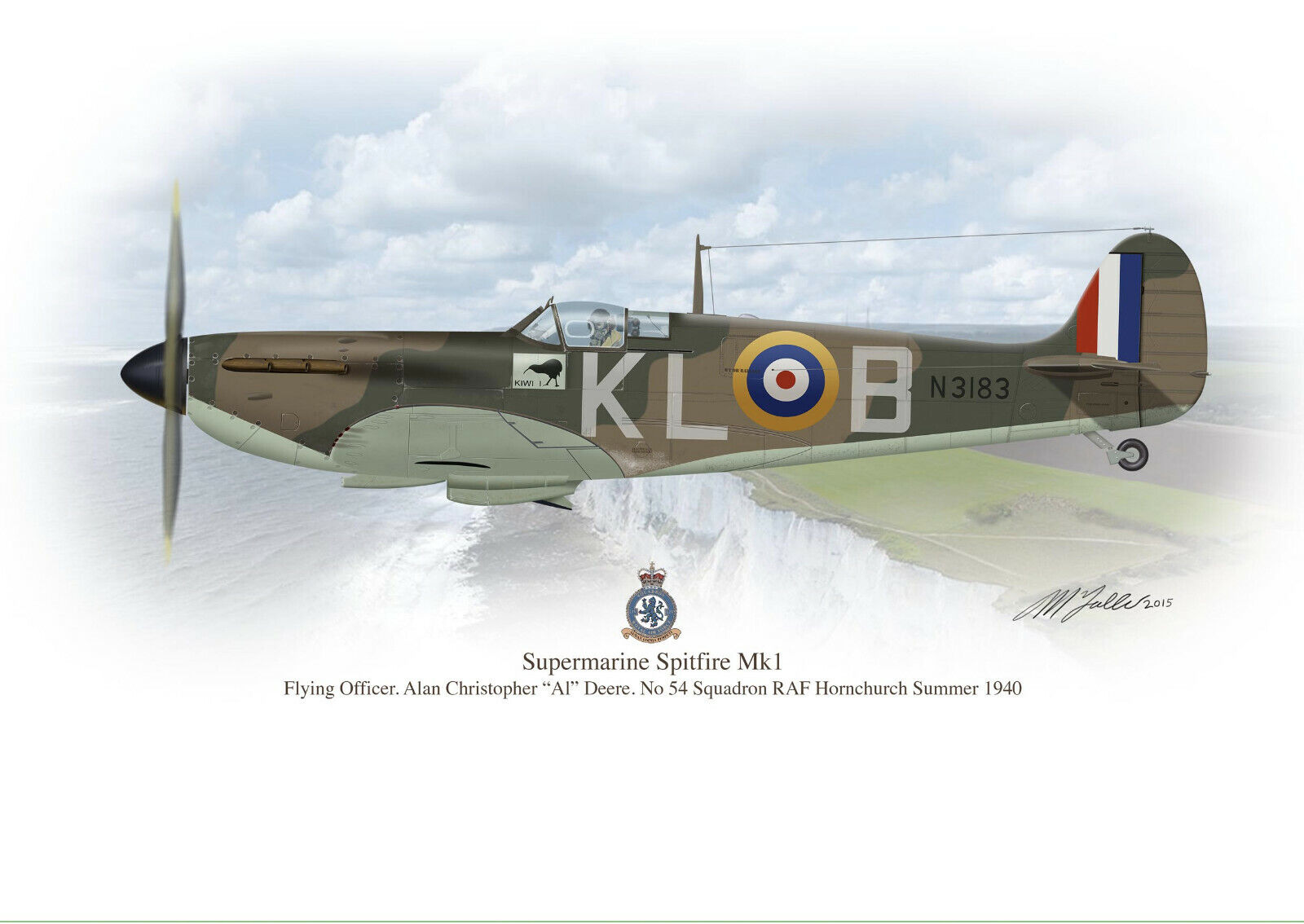 Supermarine Spitfire Aircraft A4 / A5 Al Deere in flight  Profile Art  Print WW2
