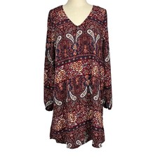 Charlotte Russe Shift Dress Boho Paisley Floral Mini S Burgundy Long Sleeve