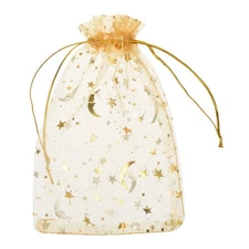 100 Pcs Organza Bag 4"x6" Sheer Moon Star Mesh Bags Drawstring Gold