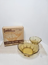 Vintage Anchor Hocking Amber Glass 1960s Honey Gold Chip And Dip Set w/ Bracket