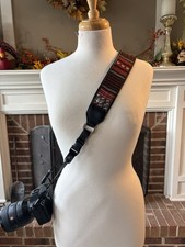 The "Southwestern Sunset" Woven Camera Strap: Red  Black Pattern, Vegan Leather