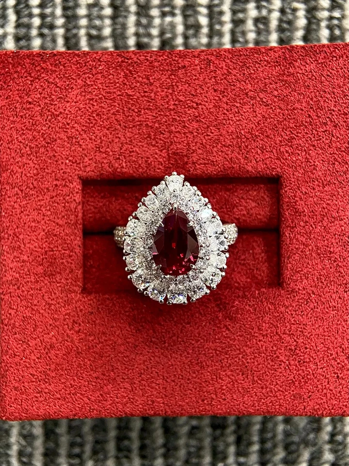 14K Solid White Gold 7.00 CT Real Pear Cut Red Ruby Gemstone Diamond Gift Ring - Image 2 of 4