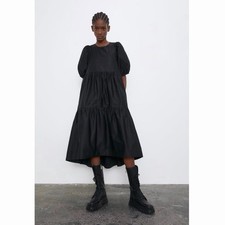 NWT Zara Asymmetrical Black Poplin Cotton Dress Size Small