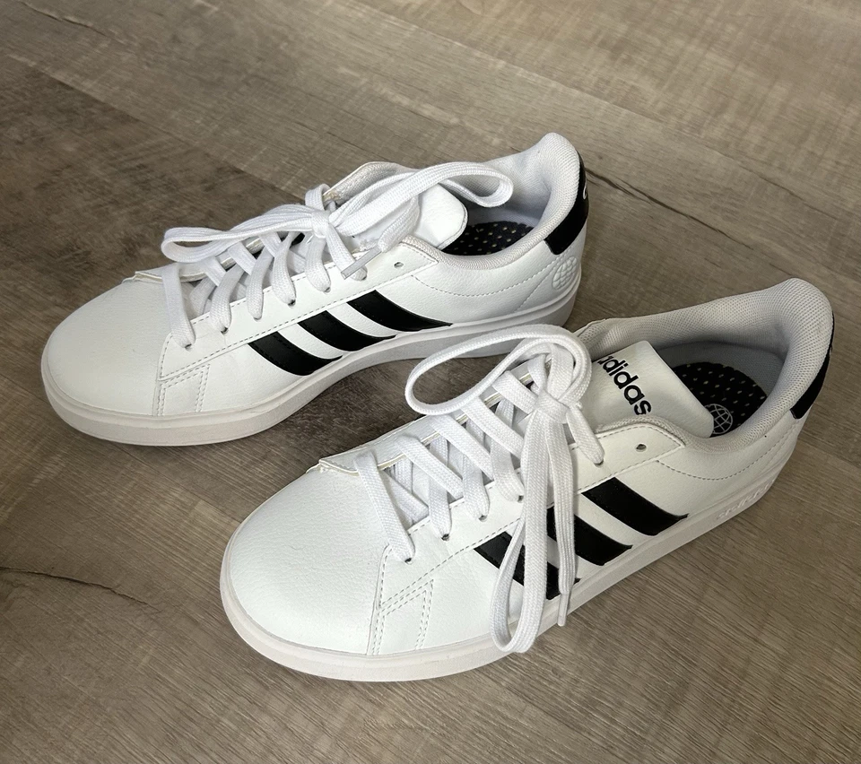 Adidas Women Grand Court Iconic Sneakers Lace-up White w/ Black Stripes Sz 7.5 - Image 1 of 4