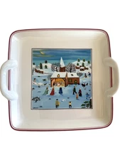 Villeroy & Boch Naif Christmas 9"x 8" Square Cake/Cookie Plate Handles Red Trim