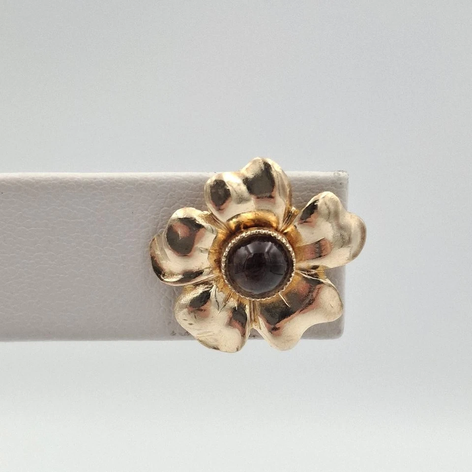 10K Yellow Gold Cabochon Smokey Quartz Bold 5-Petal Flower Stud Earrings - Image 3 of 4