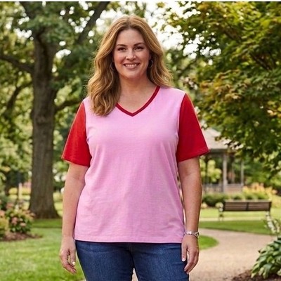 New Lands' End Women's 2X Relaxed Supima V-neck Short Sleeve T-Shirt Pink