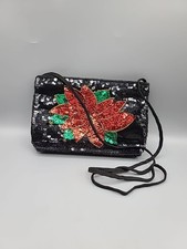Magid Black Sequin Vintage Evening Bag Poinsettia Design Holiday Strap Clutch
