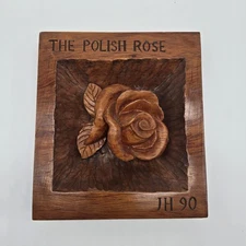 Vintage 1990 Polish Rose Hand Carved Wood Art Relief Signed JH Floral Wall Decor