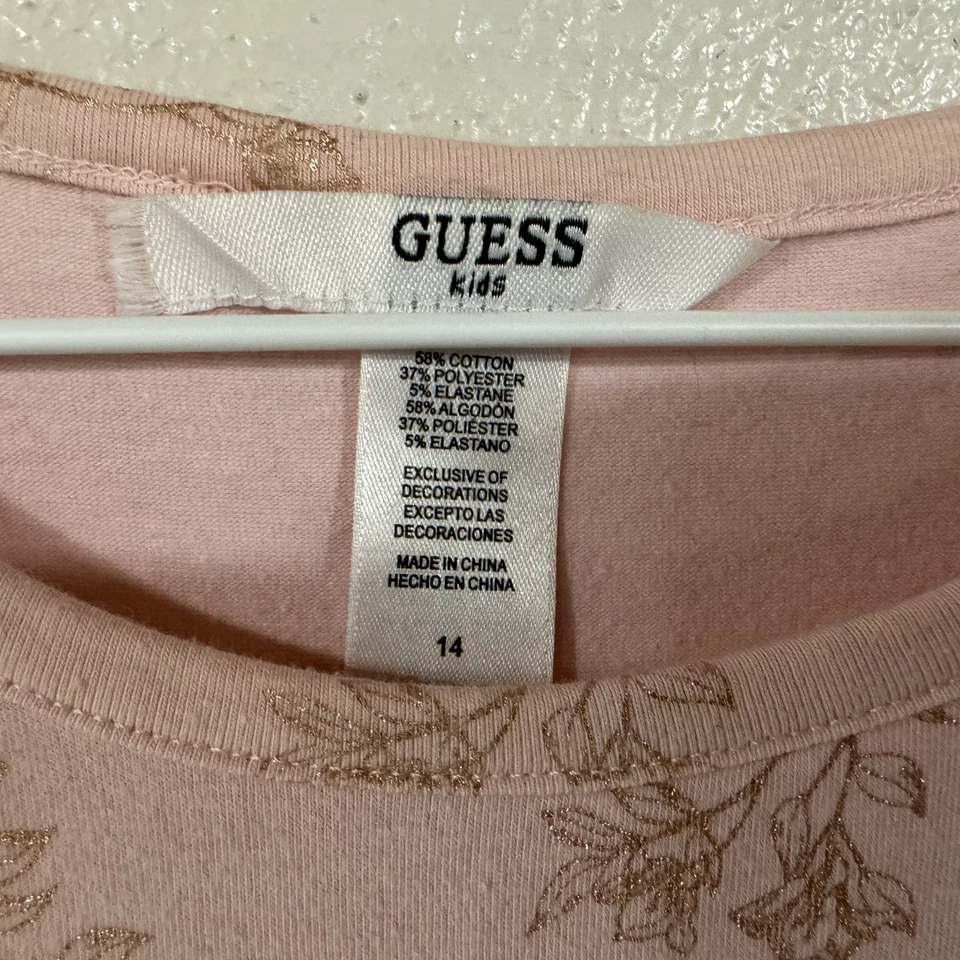 Guess Kids 连衣裙女孩 14 码粉色花卉无袖滑板标志春季闪光 — 第 3/4 张图片