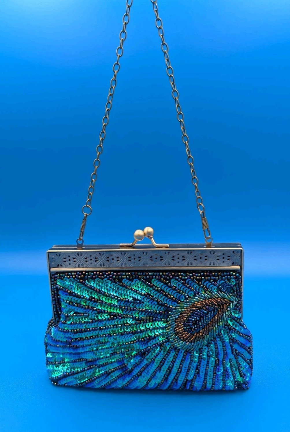 Peacock Feather Pattern Bead & Sequen Evening Bag… - image 1
